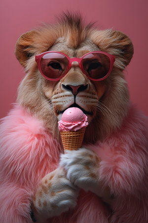 Lion wearing pink sunglasses, holding a strawberry ice cream cone, coral pink background, regal demeanorの素材