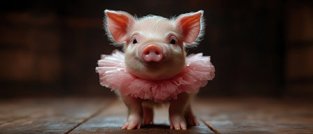 Pig in a tutu, center stage, wooden floor, dark backdrop, spotlight, playful and whimsicalの素材