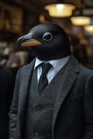 Penguin dressed in a suit and tie, standing confidently in a busy coffee shopの素材