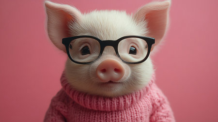 Piglet in a pink sweater with glasses, pink background, smart and adorableの素材