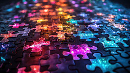 Neon puzzle pieces assembled on a black surface, glowing with vibrant colorsの素材