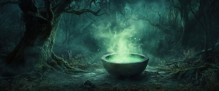A bubbling cauldron emitting green mist in a dark, enchanted forest, moonlight filtering through twisted treesの素材