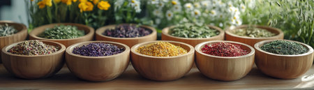 Assorted dried herbs in wooden bowls surrounded by fresh flowers, natural lightの素材