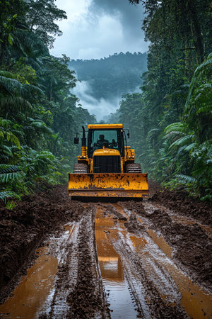 Bulldozer working on a muddy rural road, surrounded by dense green trees, under a cloudy skyの素材