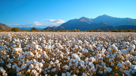 Cotton field in full bloom with a backdrop of towering mountains under a clear blue skyの素材