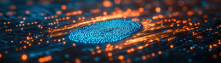 Closeup of a glowing blue fingerprint on a digital circuit, deep focus, futuristic tech atmosphere, cyber themeの素材