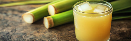 Refreshing glass of sugarcane juice with cane stalks on a rustic tableの素材