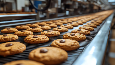 Rows of cookies moving through a factory line, evenly baked, golden brownの素材