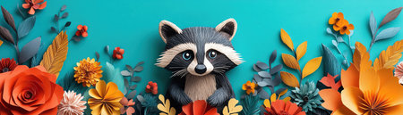 A cute raccoon made of paper surrounded by colorful paper flowers and leaves, set against a teal backgroundの素材