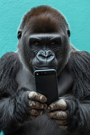 A gorilla holding a smartphone, standing against a bright blue background, with a focused expressionの素材