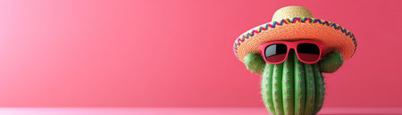 Cactus wearing a sombrero and sunglasses, pink background, minimalist styleの素材