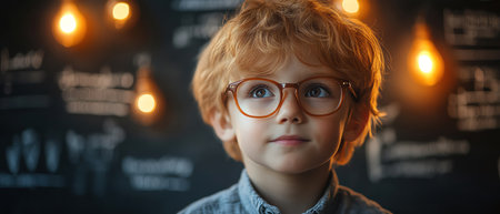 Boy with glasses in front of ideafilled chalkboard, warm light, focused expression, creativity sparksの素材