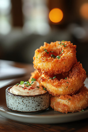 Crispy onion rings on a plate with creamy dip, shallow depth of field, warm lightingの素材