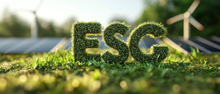 ESG concept with wind turbines and solar panels, grassy lettersの素材