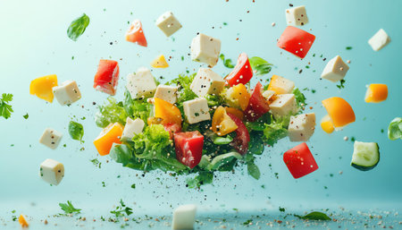 Fresh salad with vegetables and tofu cubes midair, vibrant ingredients, dynamic shotの素材