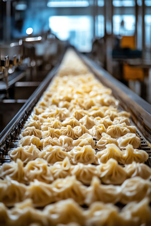 Conveyor belt of dumplings in a food processing plant, focused perspectiveの素材