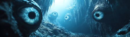 Floating glowing eyes inside dark cave mysterious horror fantasy setting deep angle with blue tintの素材
