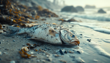Dead fish lying on polluted beach shore environmental disaster imagery low angle closeup muted colors morning lightの素材