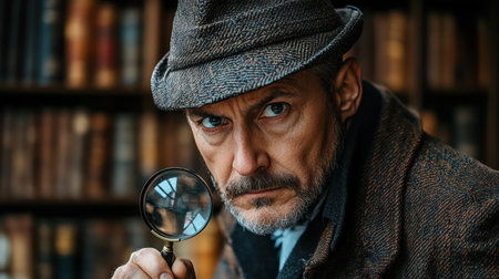 Detective with magnifying glass, intense stare, vintage outfit, library backdrop, noir moodの素材