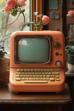 Retro toy computer in pastel colors, centered on table, soft daylight, nostalgic vintage vibeの素材