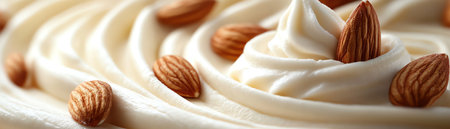 Almonds and cream swirl closeup, smooth white texture with nuts artfully arrangedの素材