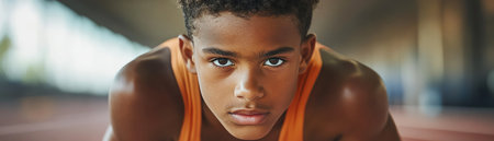 Boy preparing to race in lane, crouched position, starting block focus, intense gazeの素材