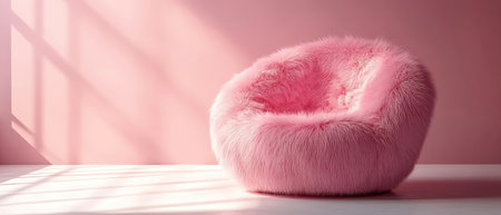 Fluffy pink fur armchair stands in monochrome pink room with soft studio lightingの素材