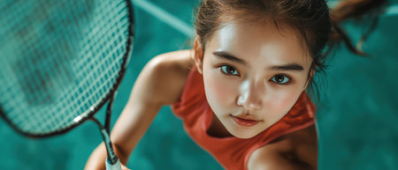 Girl serving badminton birdie, sharp focus, topdown angle, cool court tonesの素材