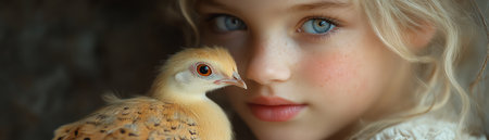 Girl holding a pet quail, observing its delicate featuresの素材