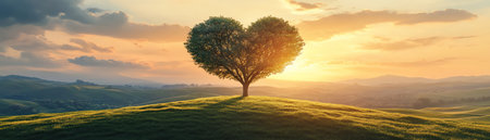 Majestic heartshaped tree on rolling green hills deep shadows glowing sunset cinematic landscape wideangle perspectiveの素材