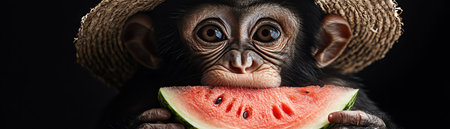 Monkey wearing straw hat holding watermelon slice on black background with soft lightの素材