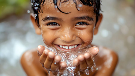 Smiling boy drinks from cupped hands, clear water flows, joy and purity in rural settingの素材