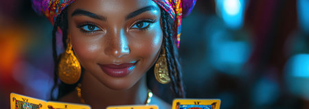 Smiling fortune teller with tarot cards colorful outfit bold jewelry purple backdrop festive lightingの素材