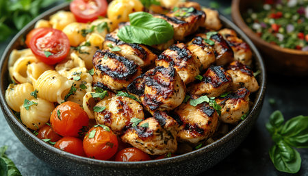 A vibrant spread of grilled chicken pasta and roasted vegetables topdown view bright colors fresh ingredients food photography styleの素材