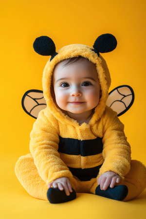 Baby in adorable bee costume with tiny wings, sitting against a bright yellow backgroundの素材