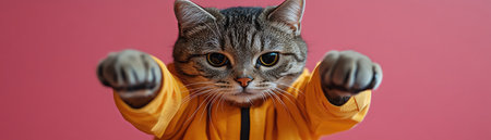 Cat in yellow jumpsuit posing kung fu stance, dramatic wideangle shot, pink backdrop, quirky fashion toneの素材