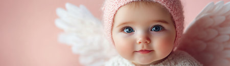 Baby dressed as angel with wings on soft pink background, clean studio lighting, centered frameの素材