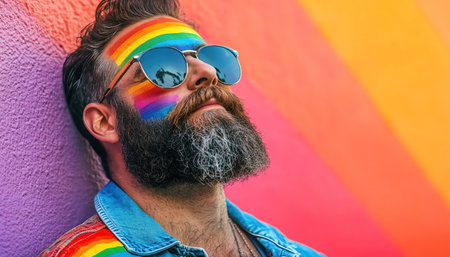 Bearded man in rainbow outfit with sunglasses, pride face paint, vibrant wall background, bold lightingの素材