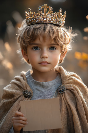 Boy holding sign with king in cape and crown, sunny field, imaginative childhood fantasyの素材