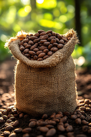 Cacao beans in burlap sack on plantation path bright daylight shallow depthの素材