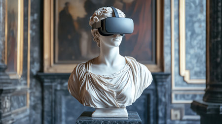 Classical bust wearing VR headset, modern meets antique in dramatic studio lightingの素材