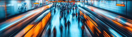 Crowded transit station with blurred commuters, topdown tilt angle, cool urban tonesの素材