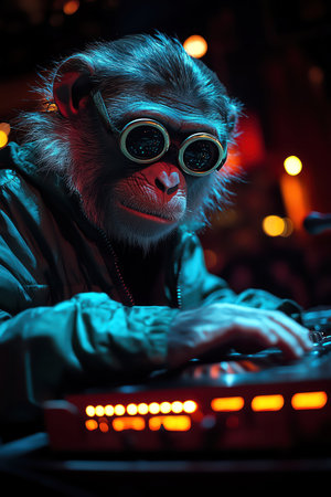 DJs in monkey masks and green jackets, neon club, fisheye lens, crowd behind, energetic concert vibeの素材