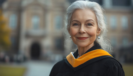 Elderly woman in graduation gown, proud expression, historic building in the backgroundの素材
