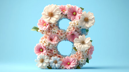 Floral number eight with blooming spring flowers, soft blue background, pastel color palette, 3D render lookの素材