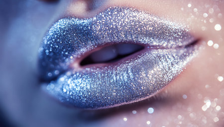 Extreme macro of sparkling silver lips, glitter texture with bokeh lights, sharp focus and cinematic lightingの素材