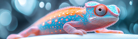 Cute glowing pastel chameleon with stars on skin standing on white platform soft focus bokehの素材