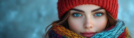 Fashion portrait of woman in red hat and rainbow knit scarf, closeup shot, soft natural lighting, minimal backdropの素材