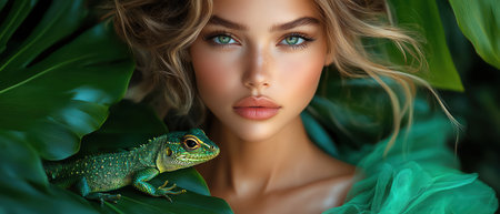 Fierce model in emerald dress with lizard, lush tropical leaves, rich green tones, fashion closeup, moody lightingの素材