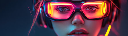 Cyberpunk woman in neon armor with headset closeup glowing lights vibrant techwear studio shotの素材